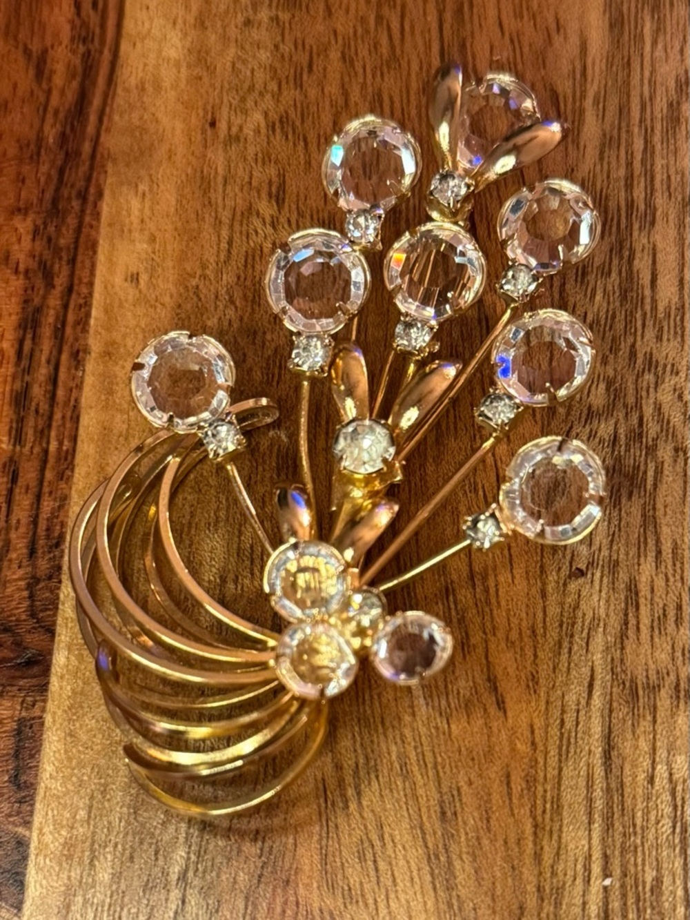 Gold-tone Vintage Floral Crystal Spray Brooch